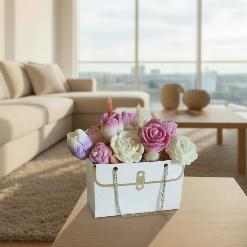 Flowerbag Weiß handgemacht – Kerzen Deko Blumentasche Geschenk