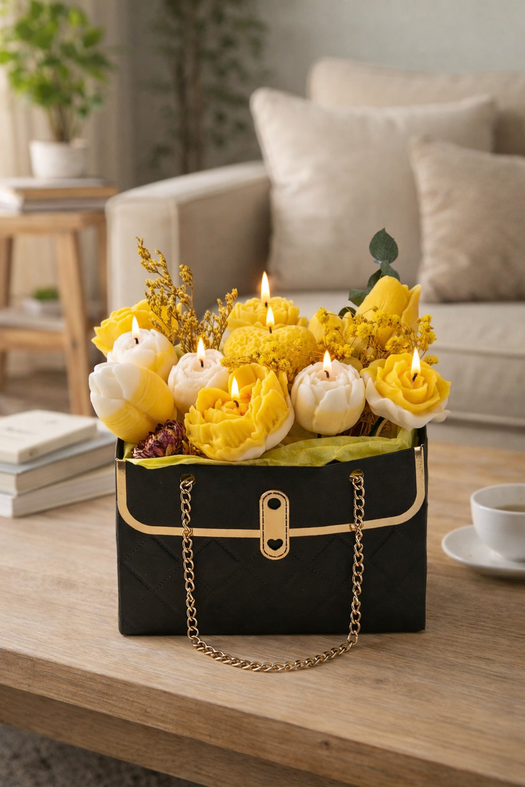 Flowerbag Gelb handgemacht – Kerzen Deko Blumentasche Geschenk