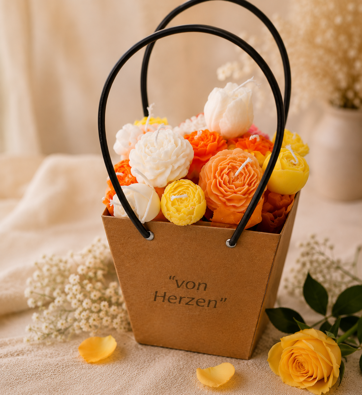 Handgefertigtes Blumenkerzen-Bouquet aus Rapswachs – Geschenk Dekoration