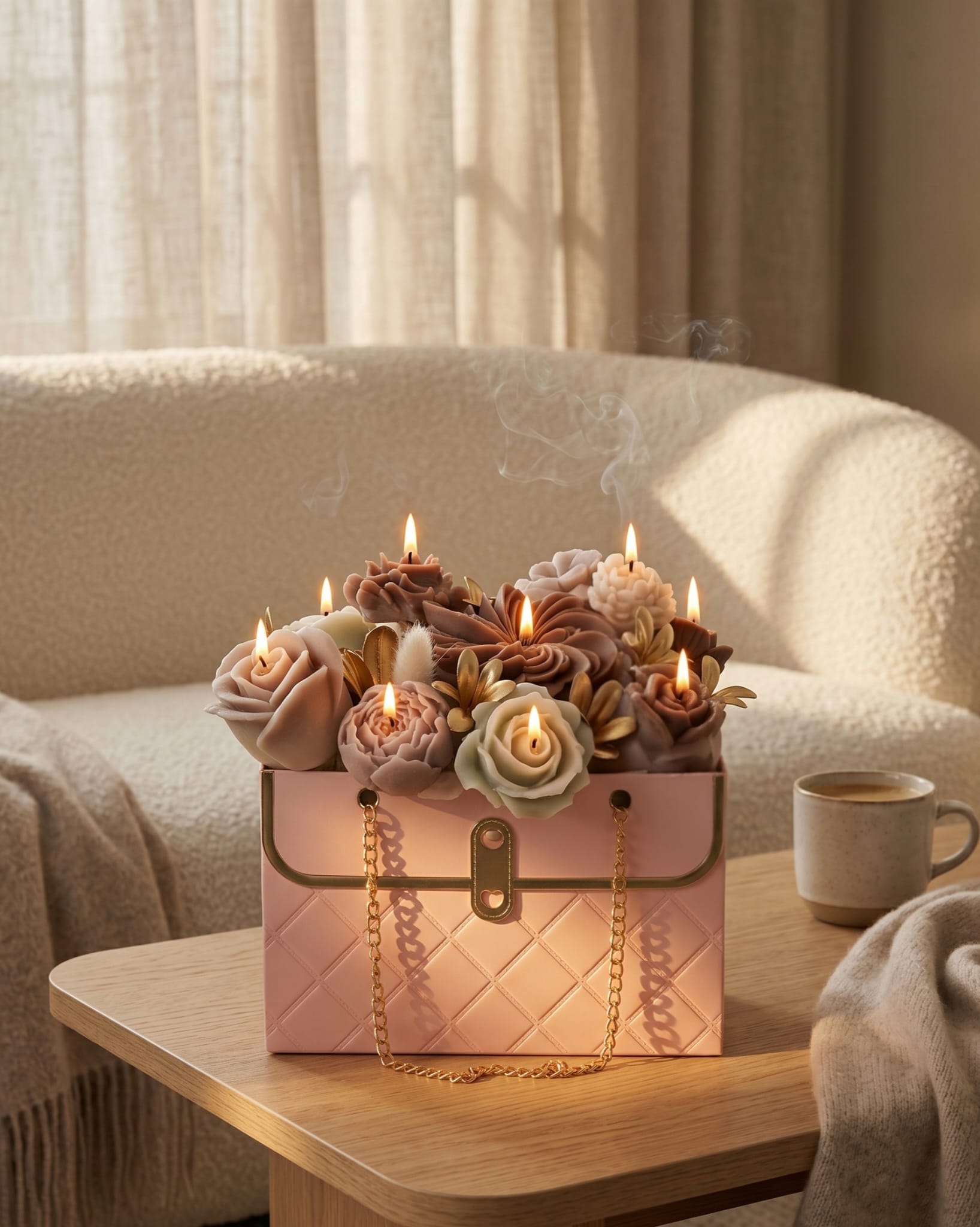 Flowerbag Beige handgemacht – Kerzen Deko Blumentasche Geschenk