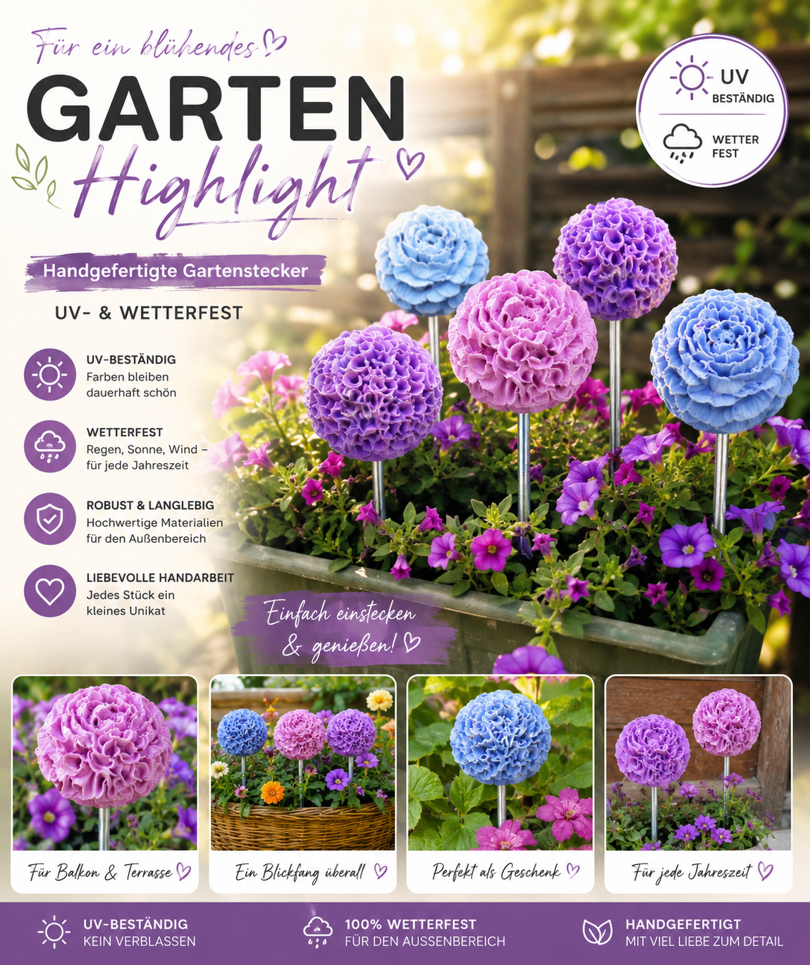Blumenstecker Gipsbeton handgemacht – Outdoor Garten Deko Geschenk