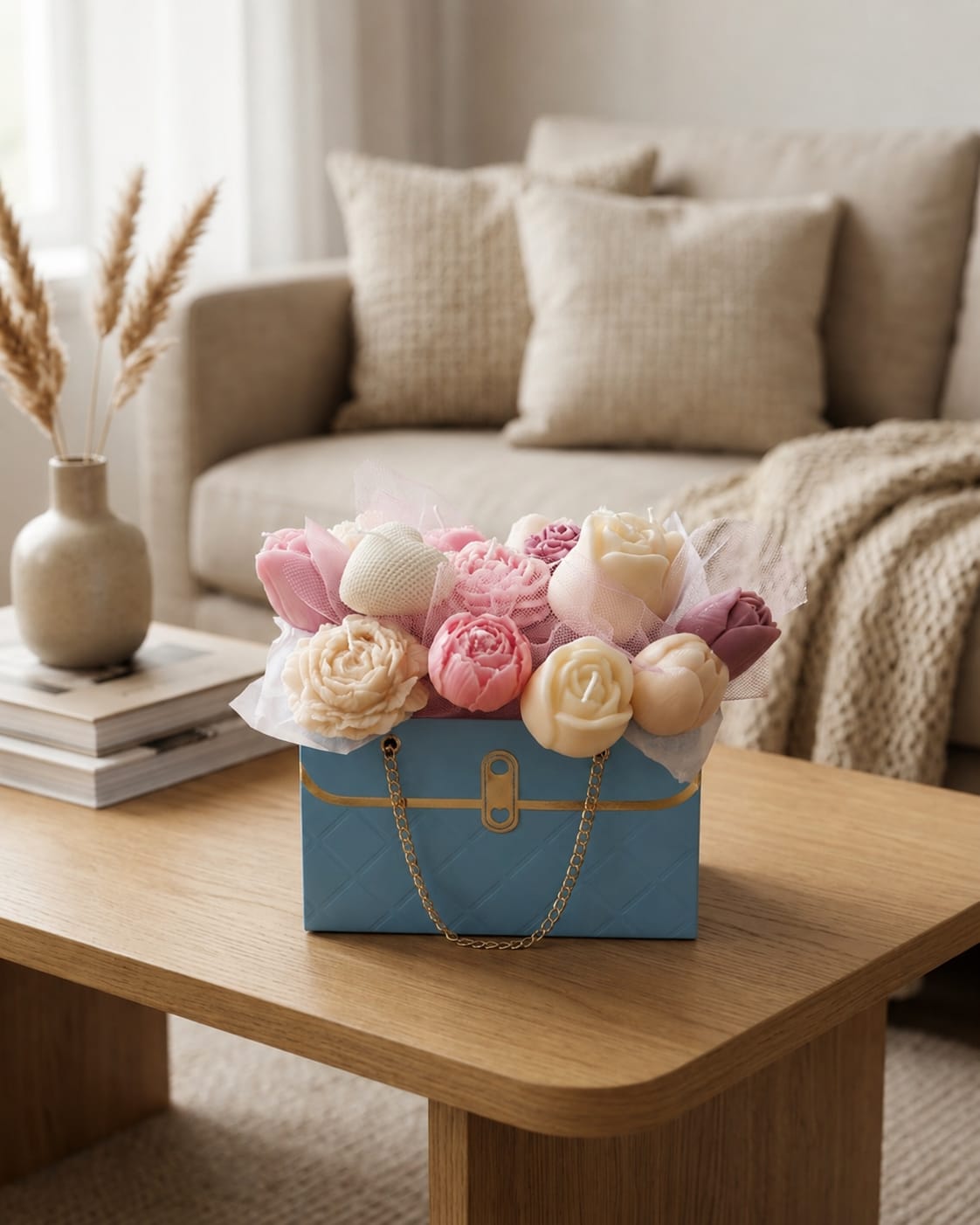 Flowerbag Blau handgemacht – Kerzen Deko Blumentasche Geschenk
